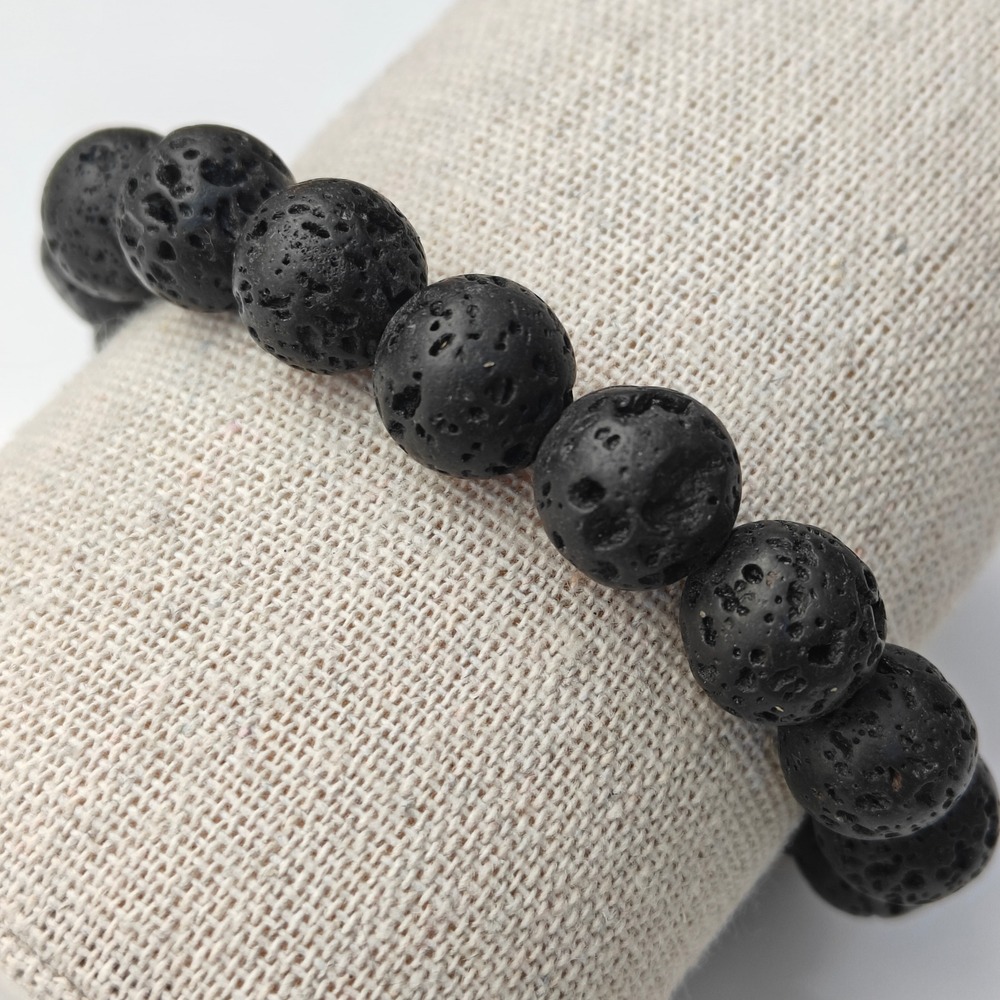 Black Lava Rock Beaded Stretch Bracelet Volcanic Round Stone Minimalist Unisex
